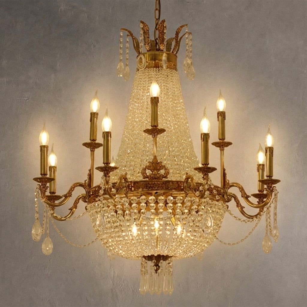 8/12/15 Lights Decorative Empire Brass Candles Crystal Chandelier Romantic Foyer Living Room Ceiling Light Fixture in Pure Copper Finish