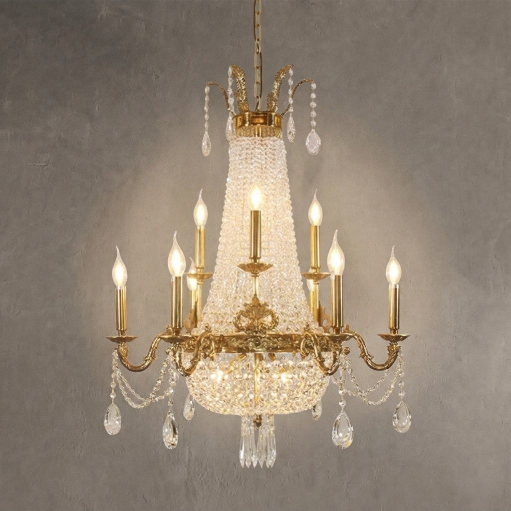 8/12/15 Lights Decorative Empire Brass Candles Crystal Chandelier Romantic Foyer Living Room Ceiling Light Fixture in Pure Copper Finish