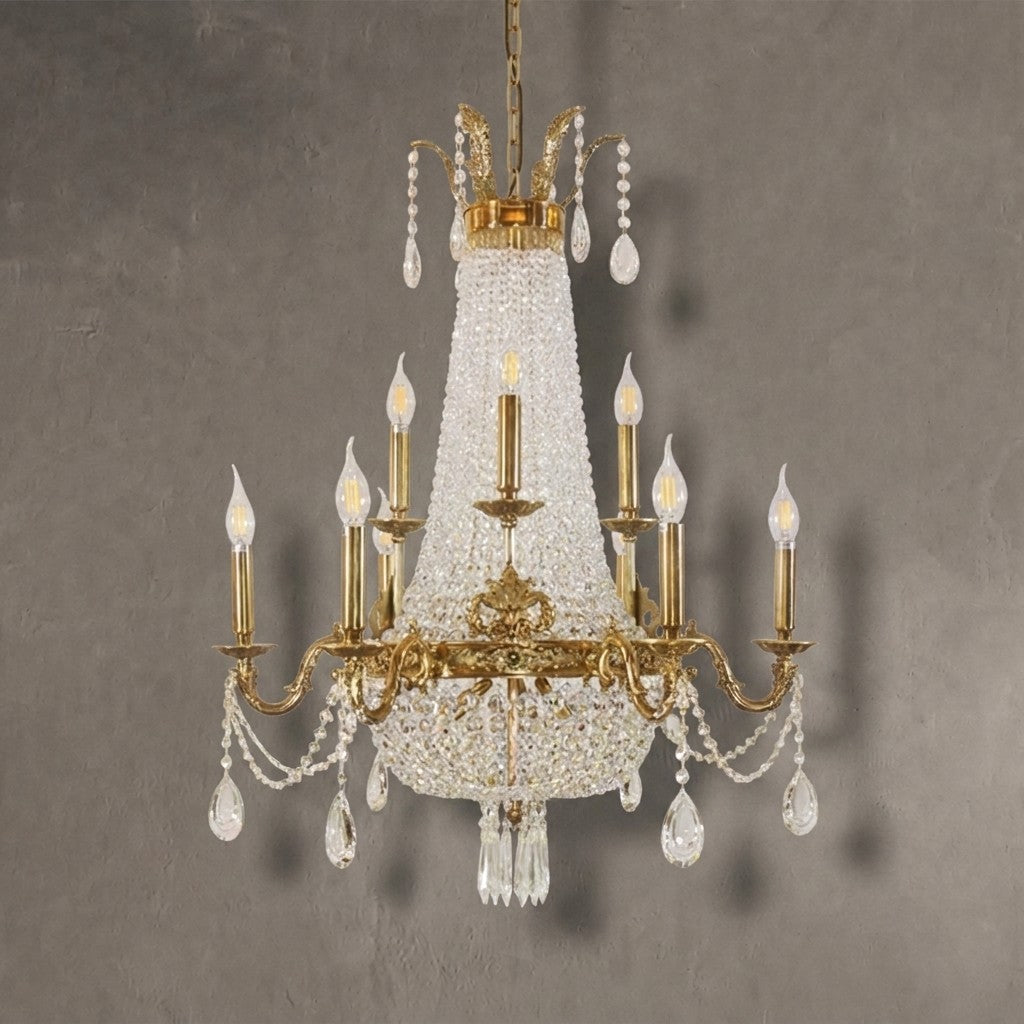 8/12/15 Lights Decorative Empire Brass Candles Crystal Chandelier Romantic Foyer Living Room Ceiling Light Fixture in Pure Copper Finish