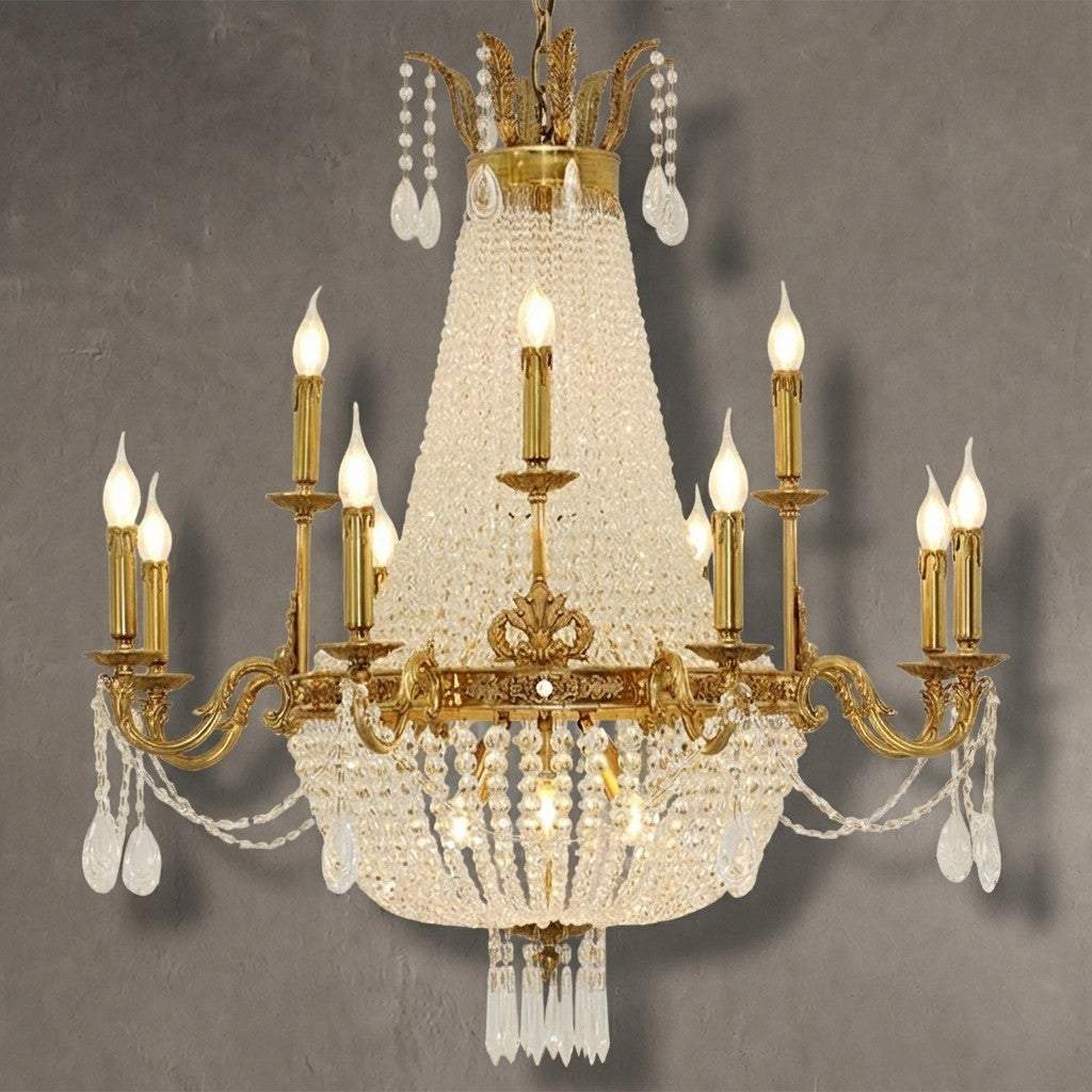 8/12/15 Lights Decorative Empire Brass Candles Crystal Chandelier Romantic Foyer Living Room Ceiling Light Fixture in Pure Copper Finish