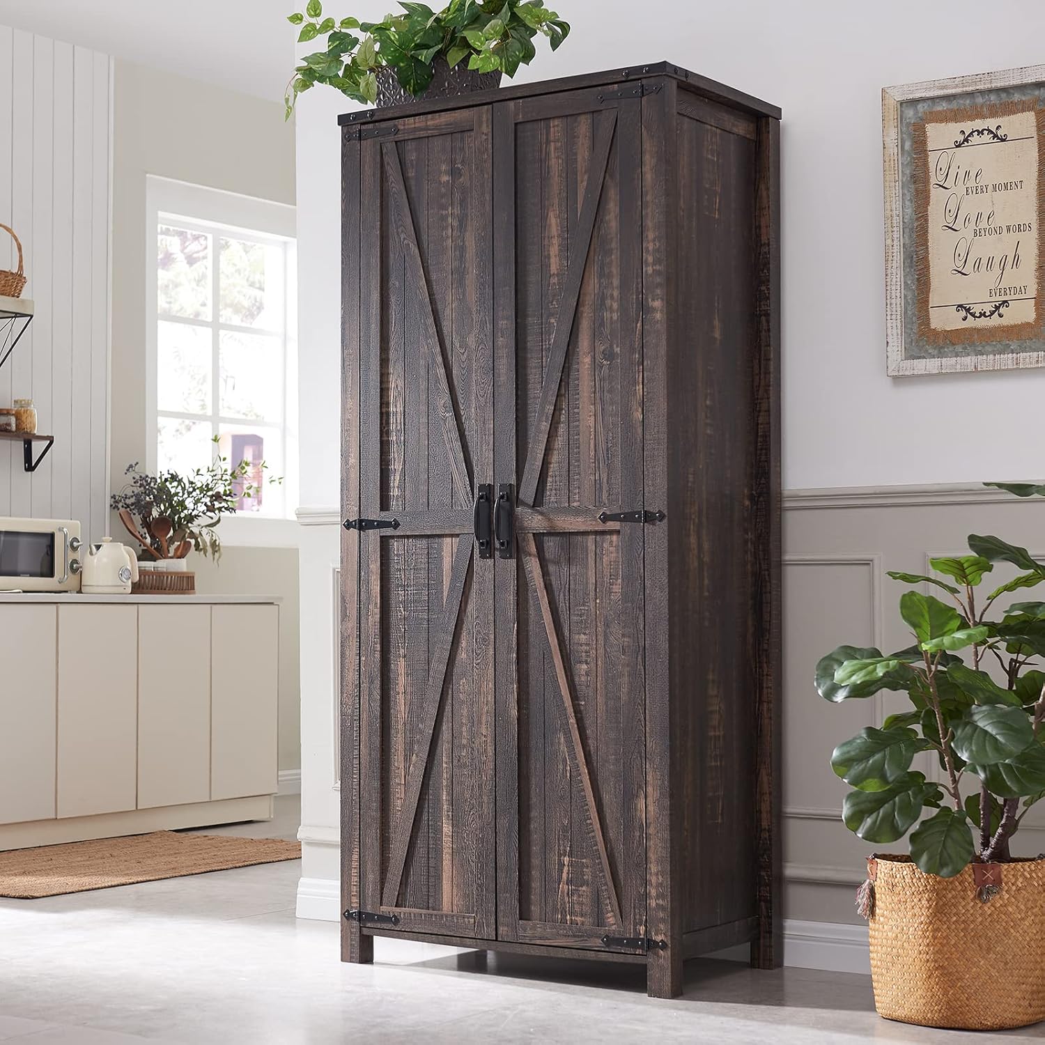 32" Farmhouse Armoire Adjustable Shelves Rustic Pantry with Barn Doors