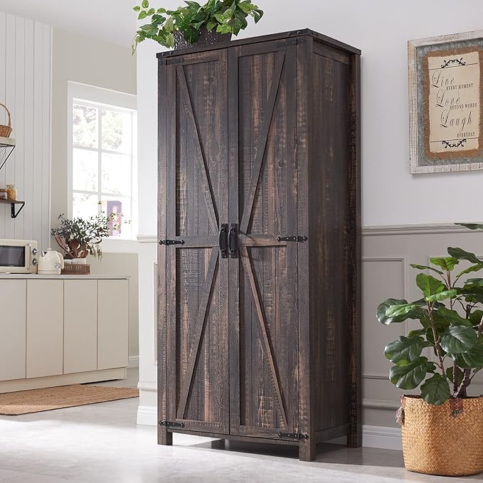 32" Farmhouse Armoire Adjustable Shelves Rustic Pantry with Barn Doors