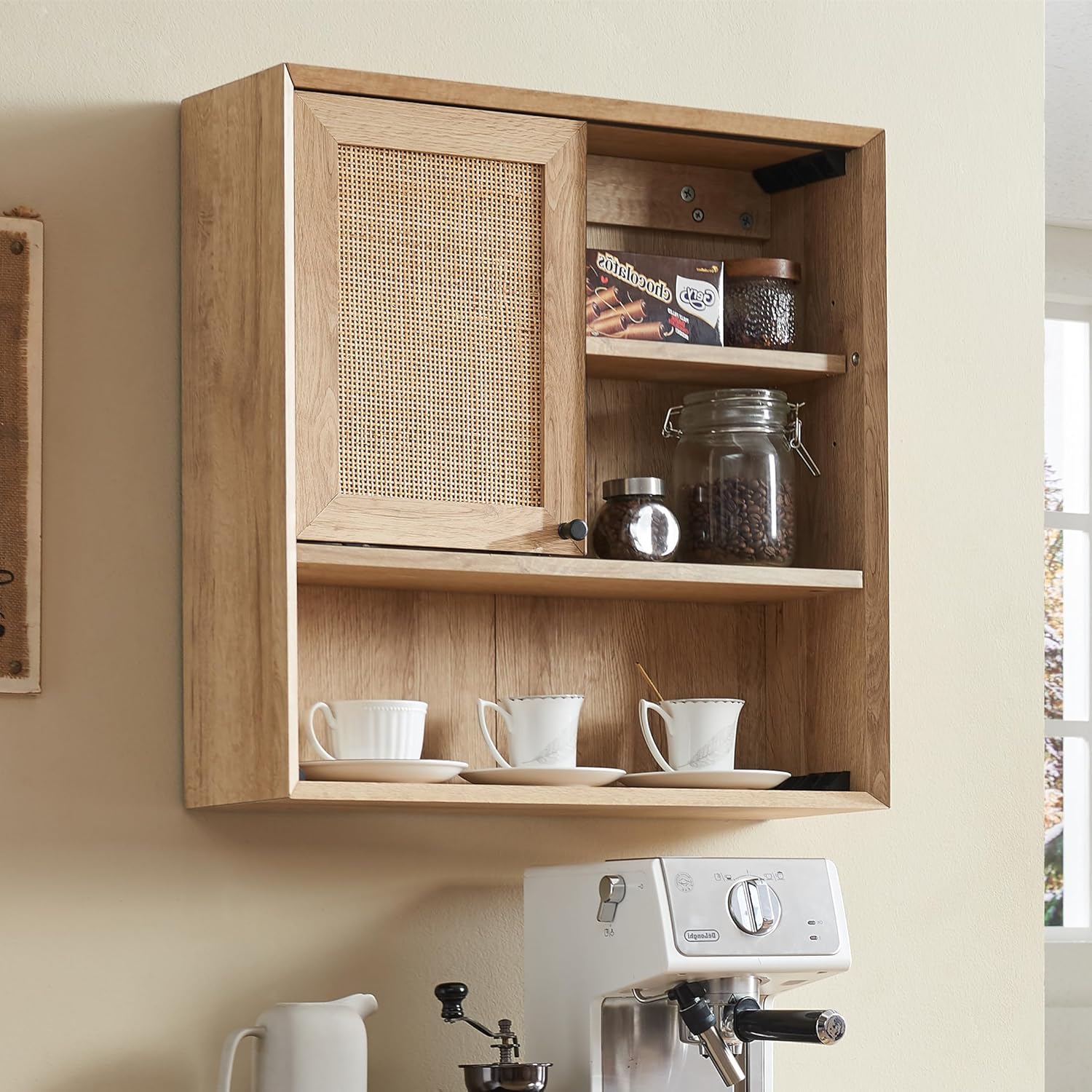 OKD Hand-Woven Rattan Wall Storage Cabinet with Adjustable Shelves