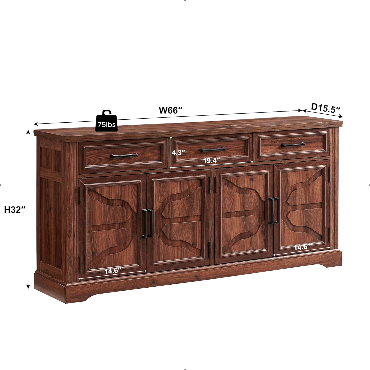 Large Buffet Sideboard Cabinet with Doors and Drawers - Dark Brown