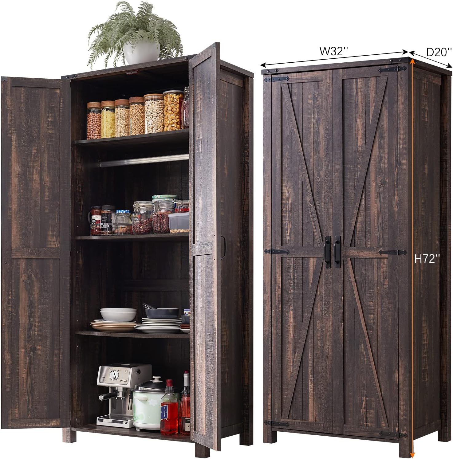 32" Farmhouse Armoire Adjustable Shelves Rustic Pantry with Barn Doors