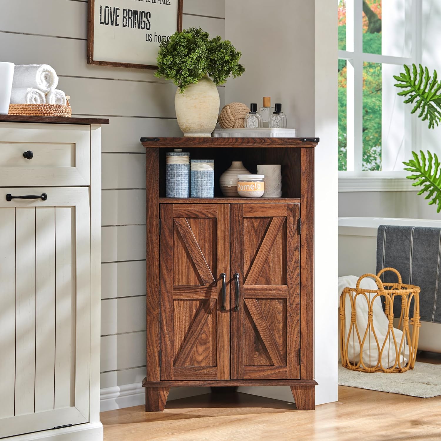 Farmhouse Corner Bathroom Cabinet with Barn Door and Adjustable Shelf