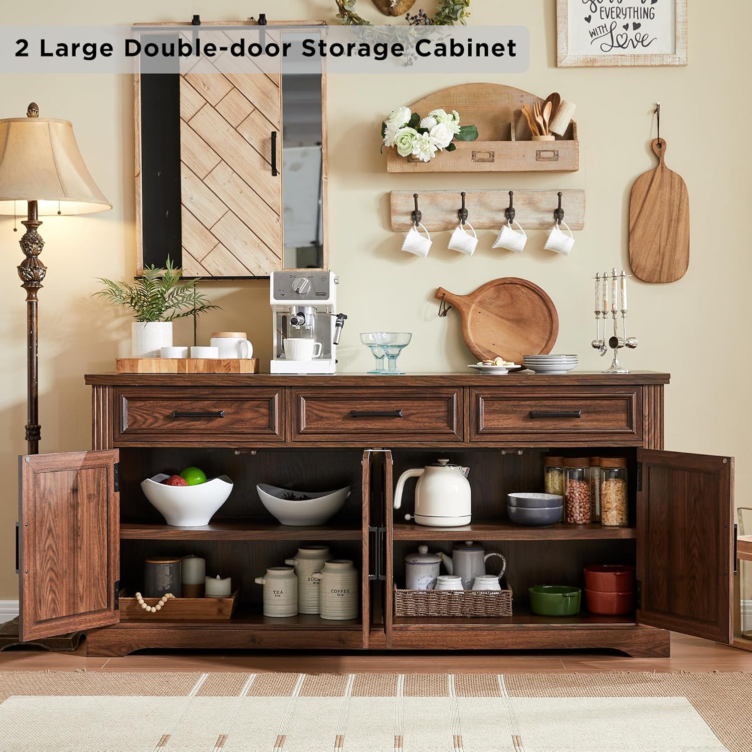 Large Buffet Sideboard Cabinet with Doors and Drawers - Dark Brown