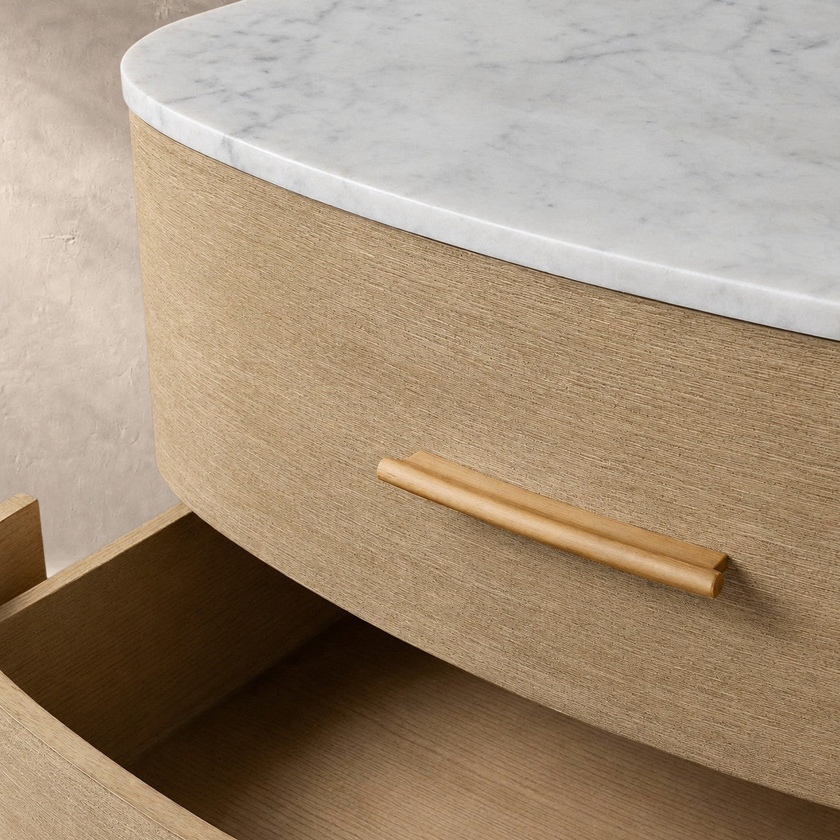 Two-Drawer Marble Top Bedside Table With Brass Pulls