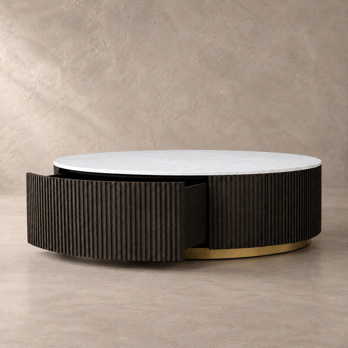 Reeded Oak Round Storage Coffee Table