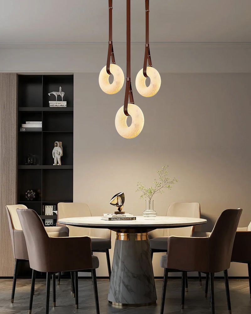 Oval Alabaster LED Large Pendant lamp with adjustable leather, Dia 16/24"