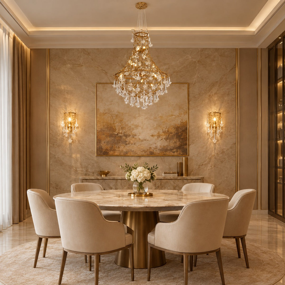 Nature-inspired Brass Tree Chandelier with Glazed Glass Flowers