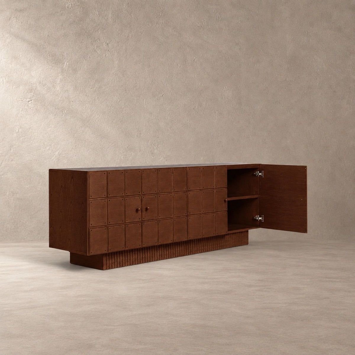 Artisanal Wood Storage Console with Fluted Geometric Plinth