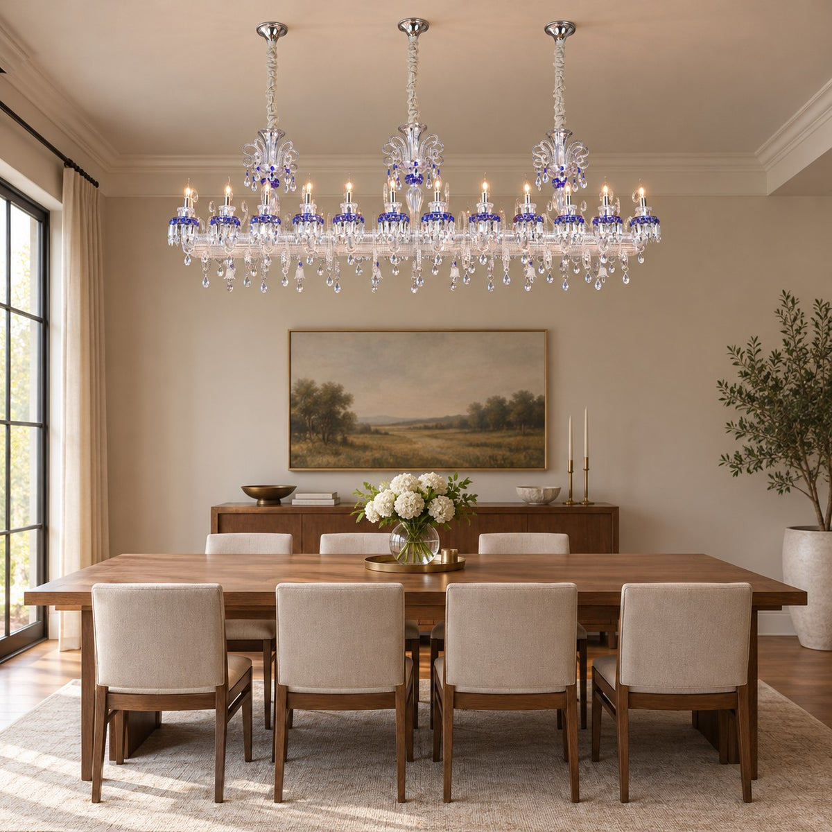 Luxury French Palace–Style Blue & Clear Crystal Rectangular Chandelier for Dining Spaces