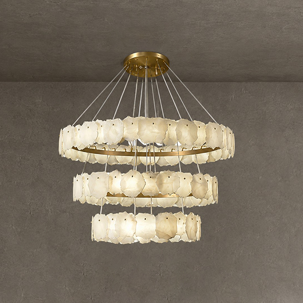 3-Tier Stairwell Alabaster Disk Chandelier with Long Cord