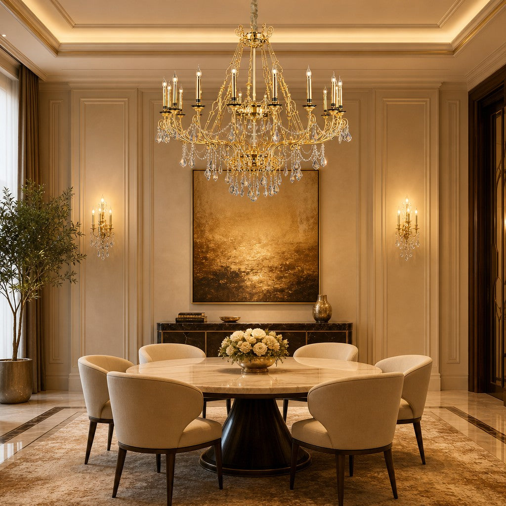 Baroque Silver/24K Gold Color Candle Light Crystal Chandelier