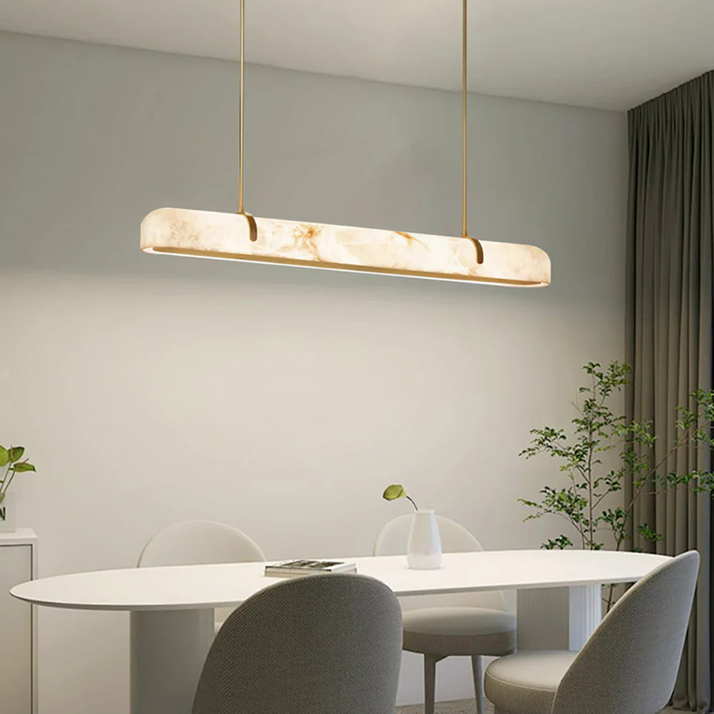 Elegant Alabaster Linear Brass Chandelier with LED Glow