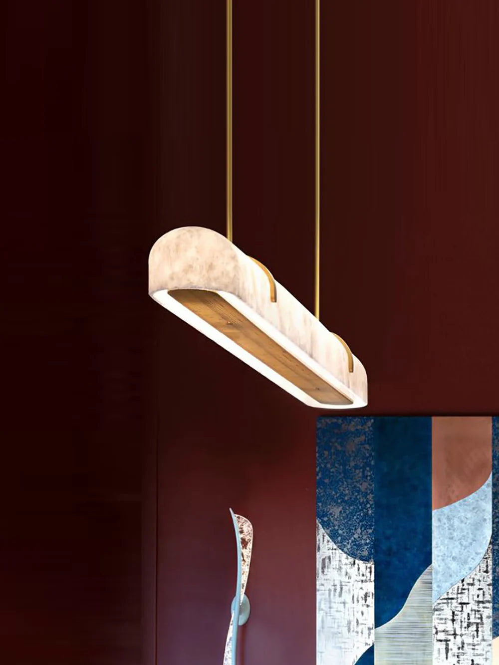 Elegant Alabaster Linear Brass Chandelier with LED Glow