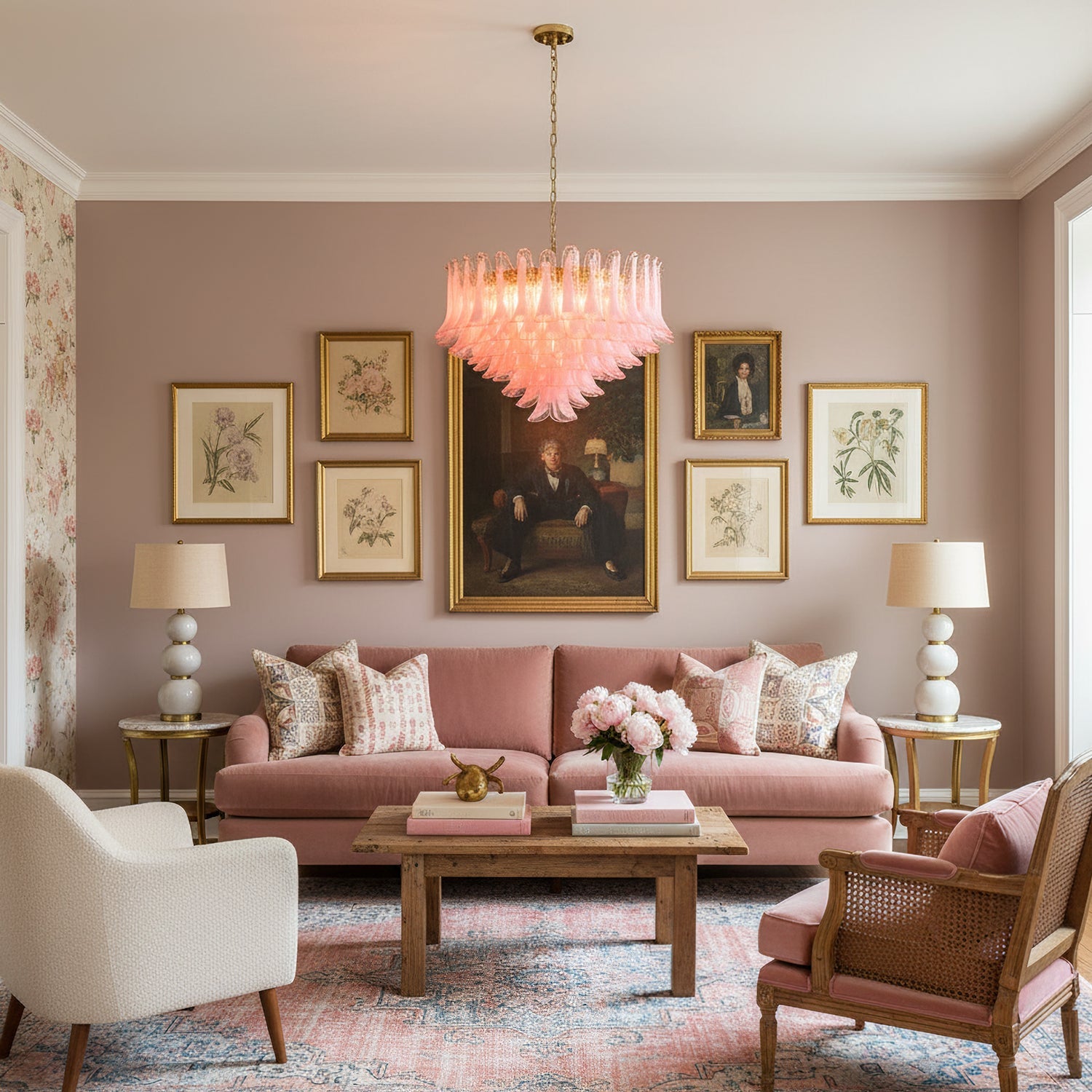 Gold & Pink Barcelona Murano Chandelier with 16 E14 Bulbs