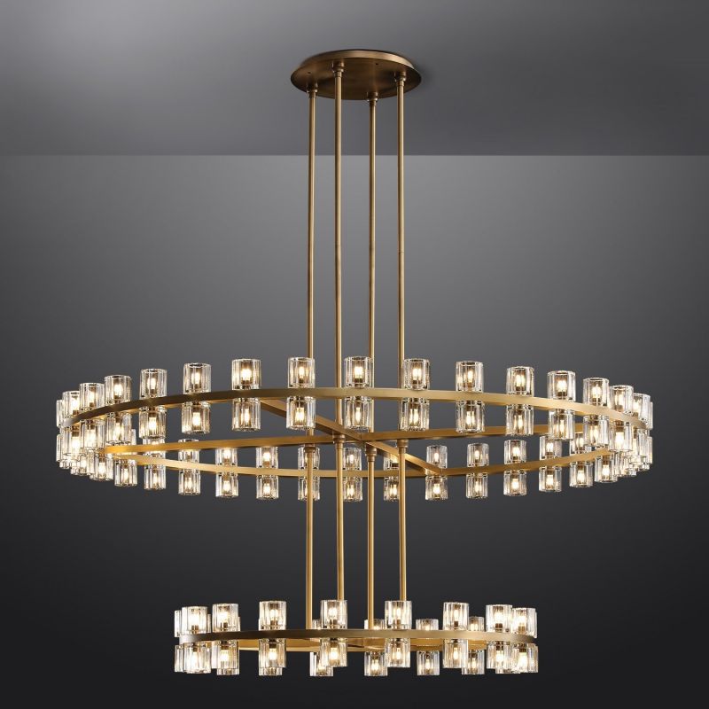 Beliy Crystal Shade Two-Tier Round Chandelier 60" chandeliers for dining room,chandeliers for stairways,chandeliers for foyer,chandeliers for bedrooms,chandeliers for kitchen,chandeliers for living room Rbrights Lacquered Brass