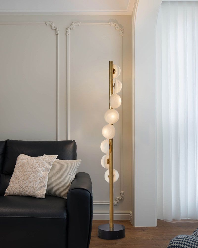 Vertical Antique Alabaster Globes in semi-flush fixtures Standing Marble Floor lamp