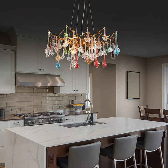 Modern Colored Glass Drop Round Branch Chandelier