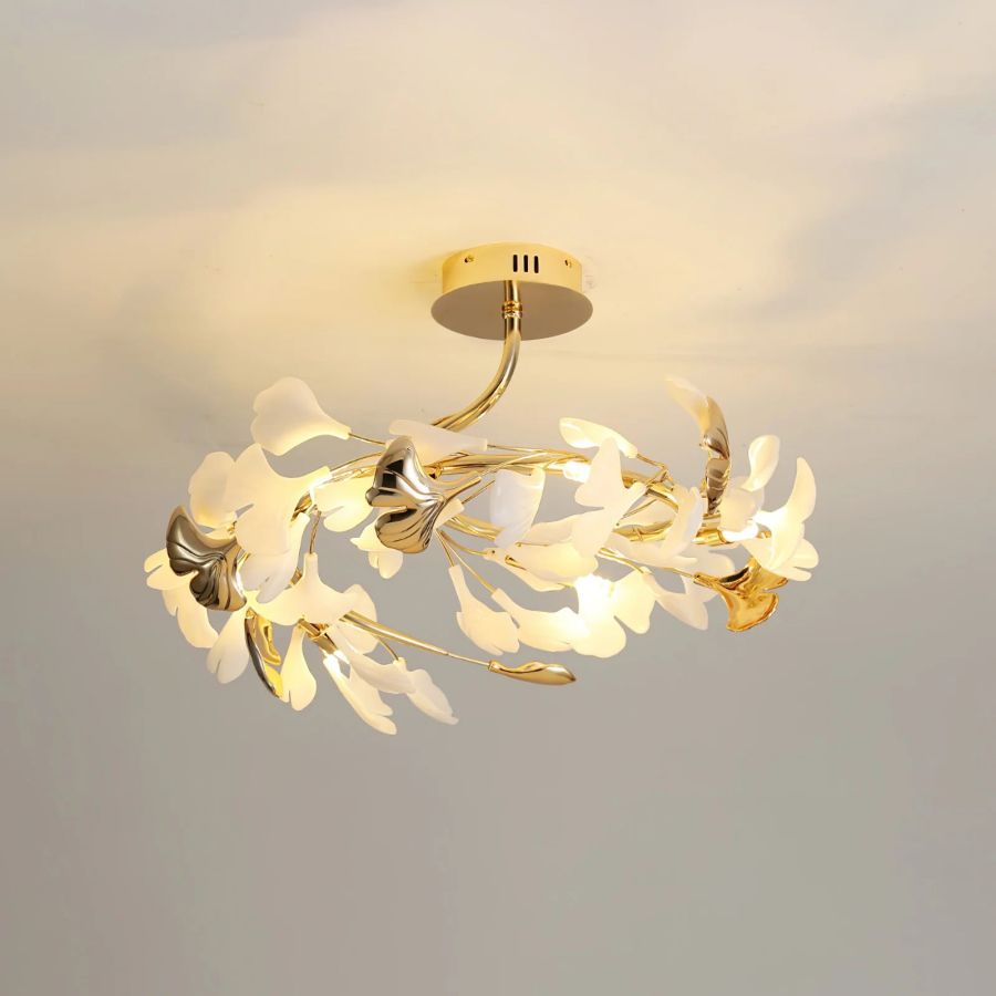 Ceramic Ginkgo Leaf Flushmount Ceiling Lamp Gold White Finish