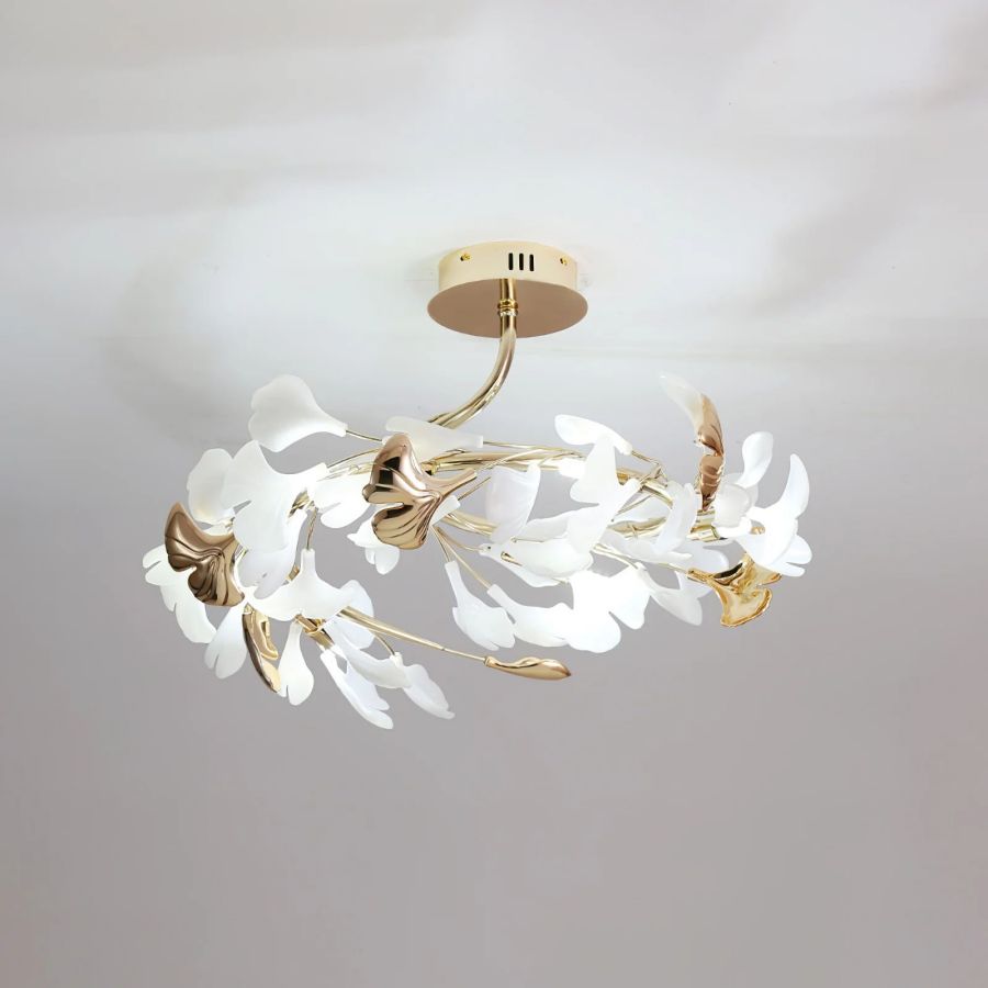 Ceramic Ginkgo Leaf Flushmount Ceiling Lamp Gold White Finish