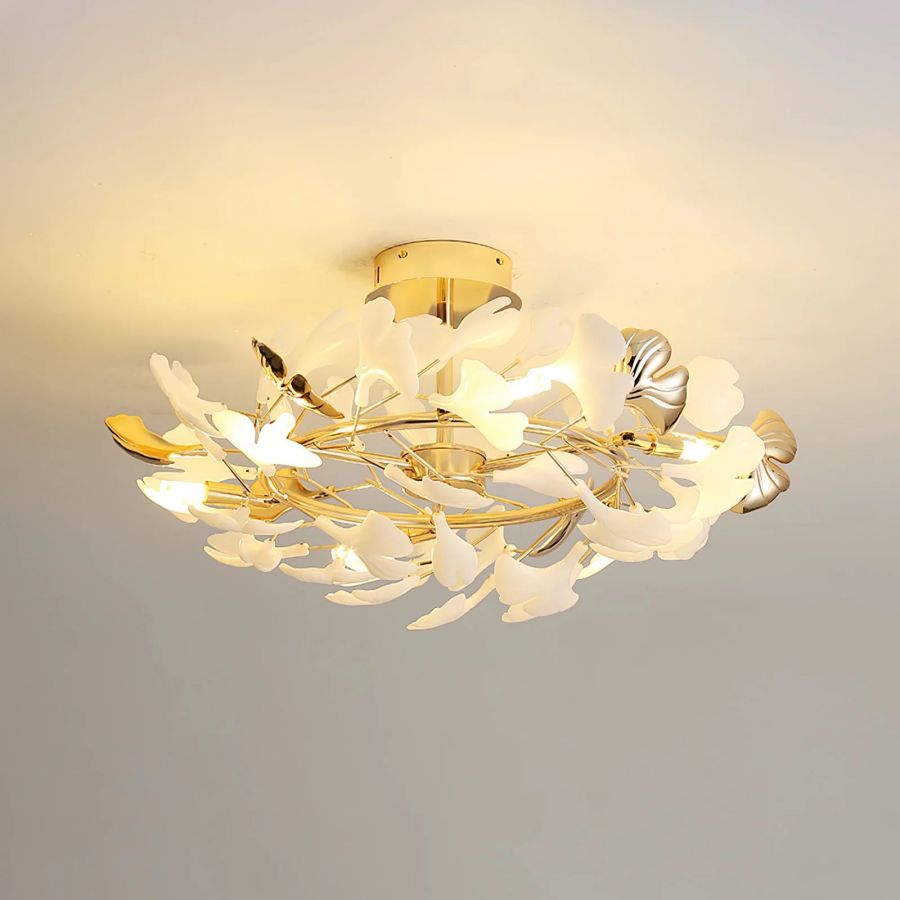Ceramic Ginkgo Leaf Flushmount Ceiling Lamp Gold White Finish