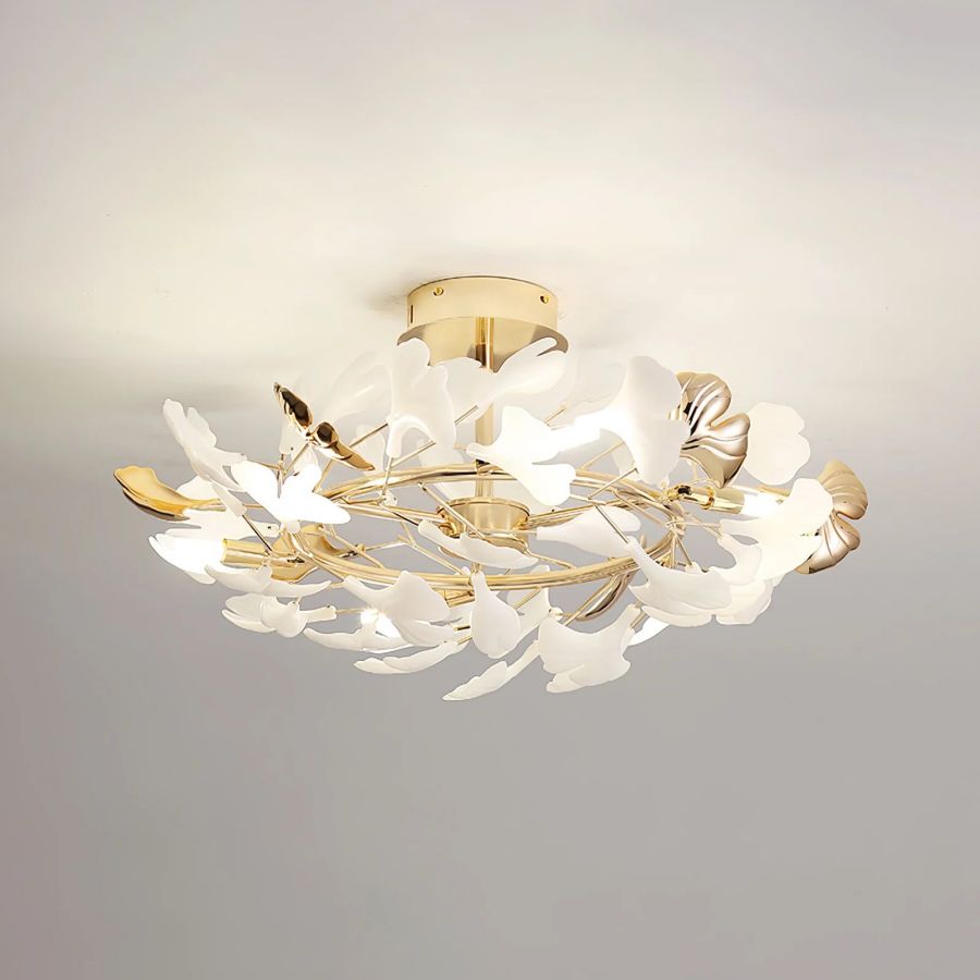 Ceramic Ginkgo Leaf Flushmount Ceiling Lamp Gold White Finish