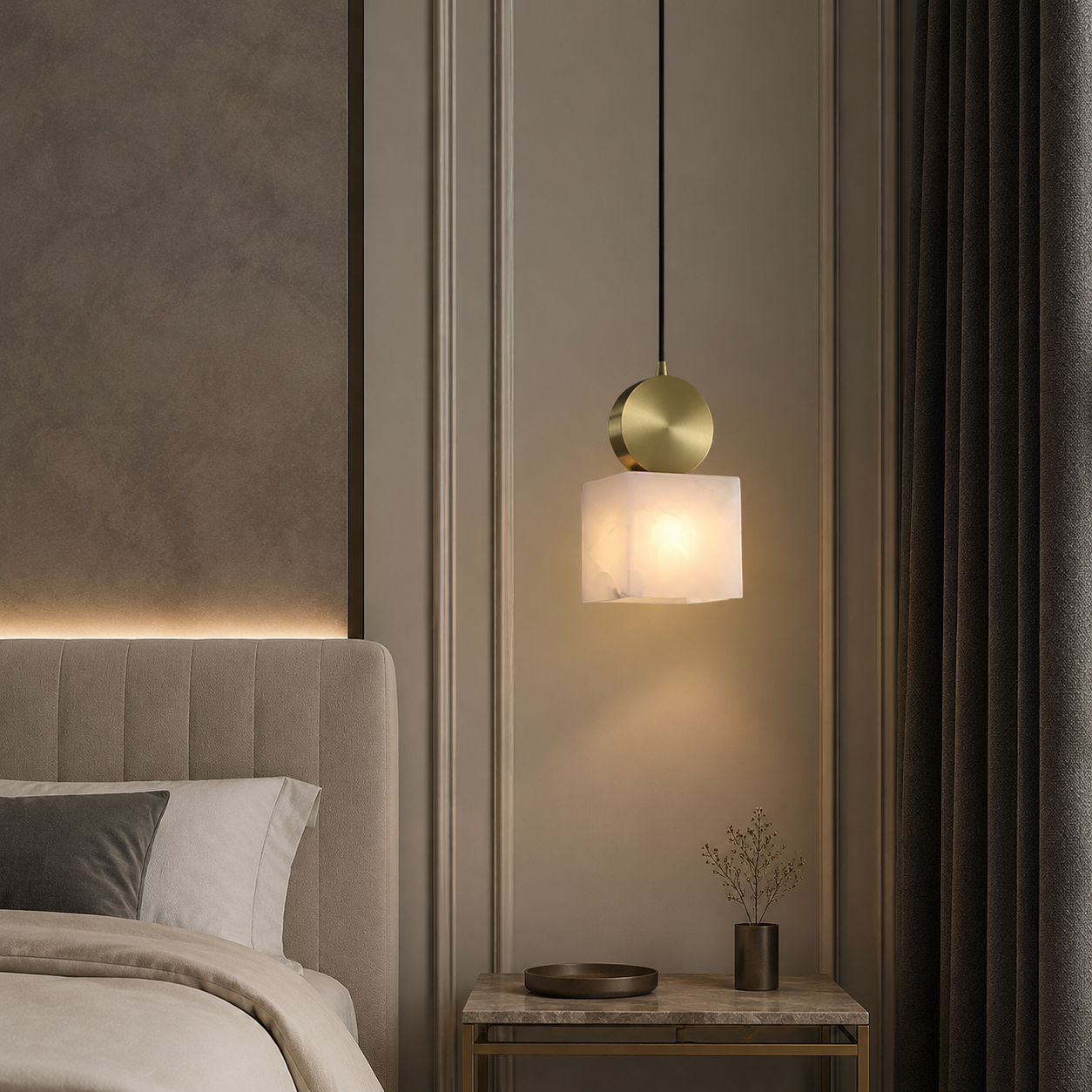 Lunessa  Bedroom Pendant Light  Spanish Alabaster Mid-Century Modern