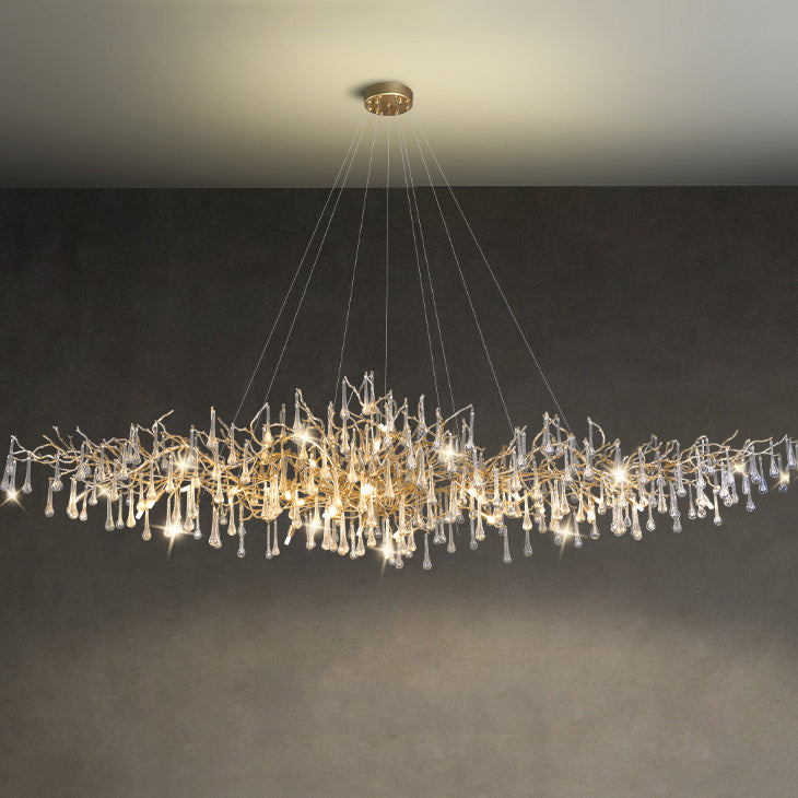 Crystal Teardrop Brass Branch Chandelier