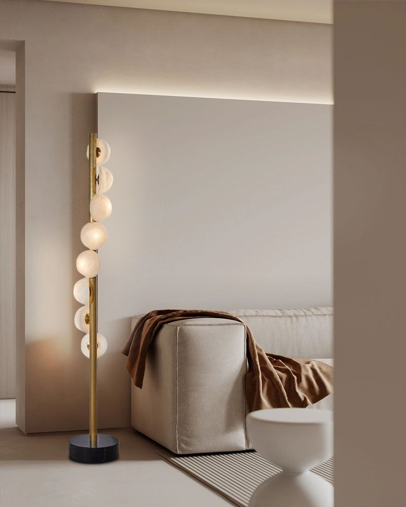 Vertical Antique Alabaster Globes in semi-flush fixtures Standing Marble Floor lamp