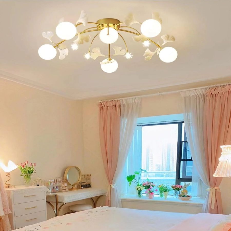 Ceramic Ginkgo Leaf Flushmount Ceiling Lamp Gold White Finish