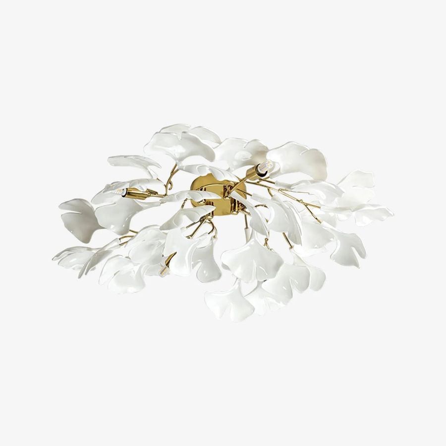 Ceramic Ginkgo Leaf Flushmount Ceiling Lamp Gold White Finish