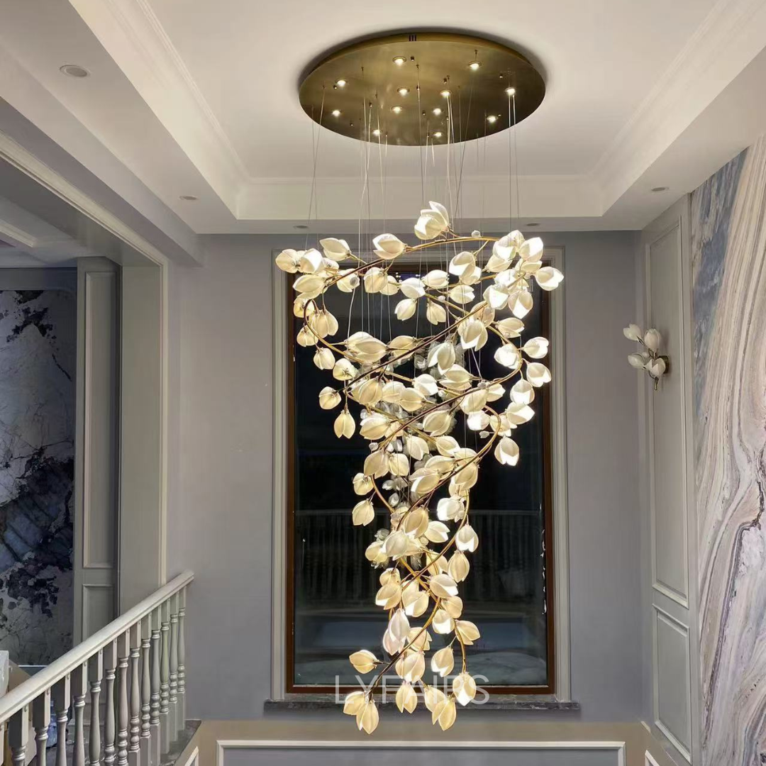 Pure White Magnolia Chandelier with Golden Branches for Grand Spaces