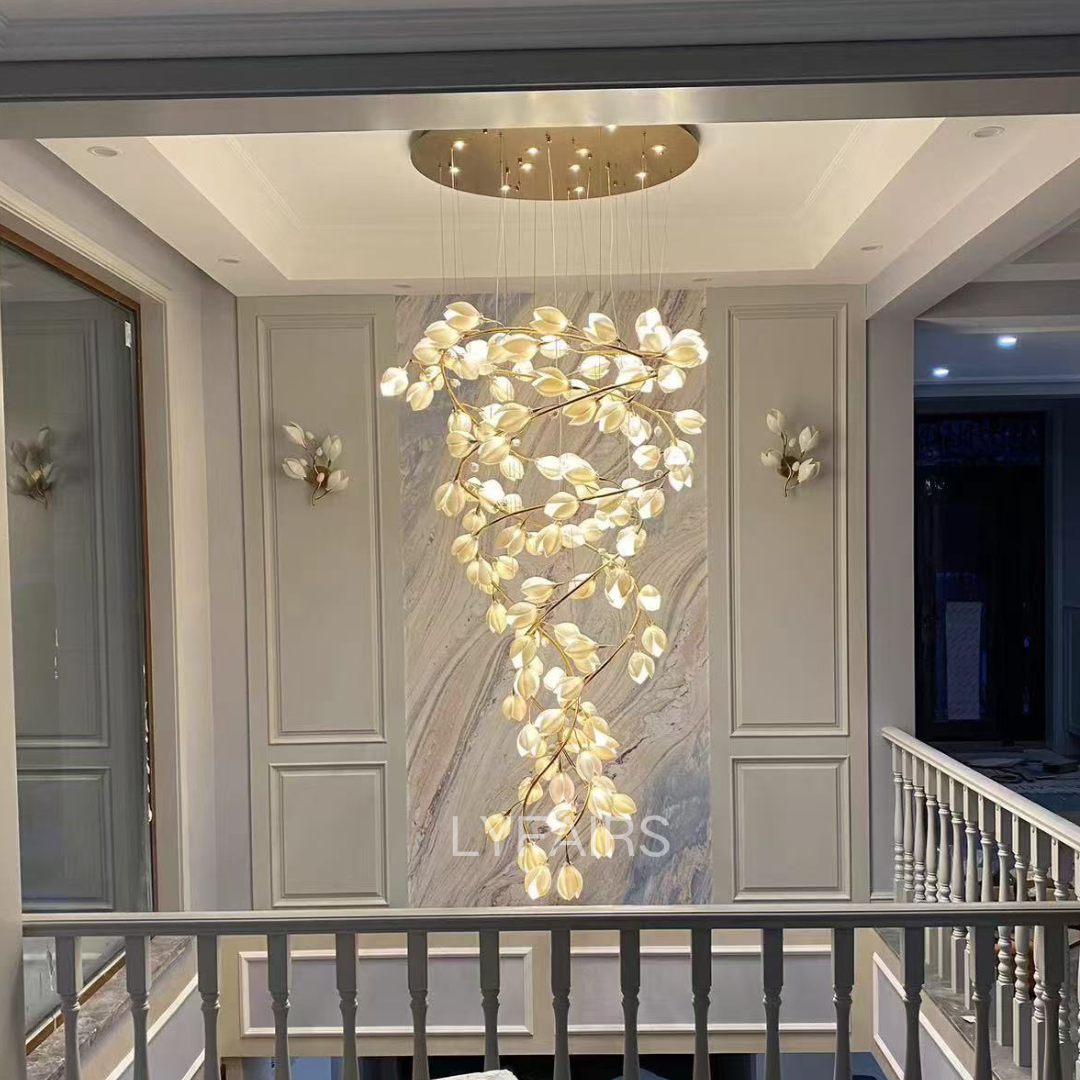 Pure White Magnolia Chandelier with Golden Branches for Grand Spaces