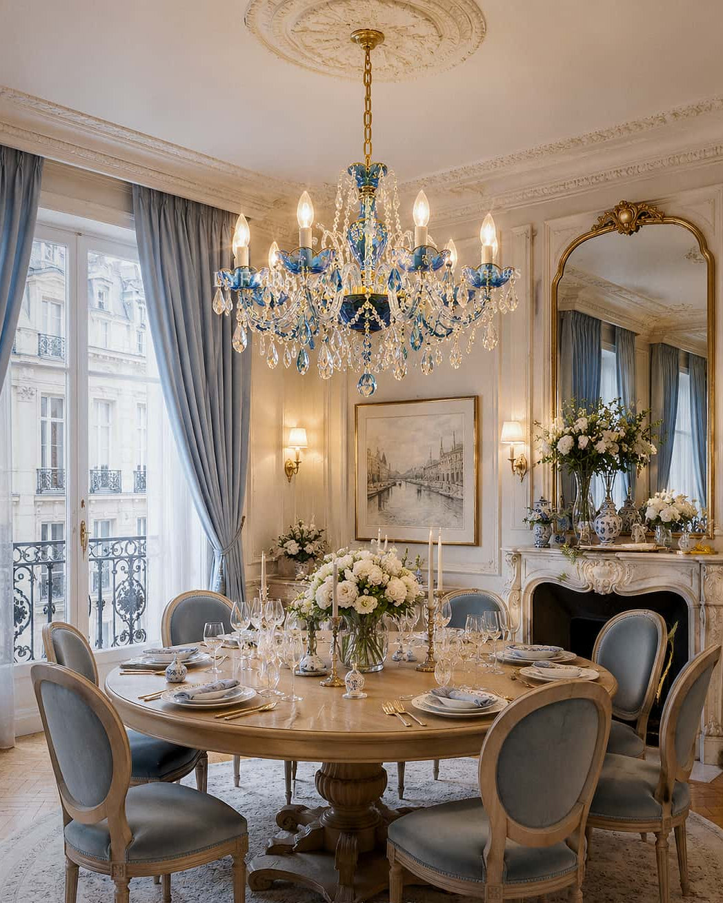 Lyfair French Blue Crystal Chandelier with 10 candle lights, measuring the size of D34.65"*H23.6" is perfect for Romantic French Transitional Style Dining Room