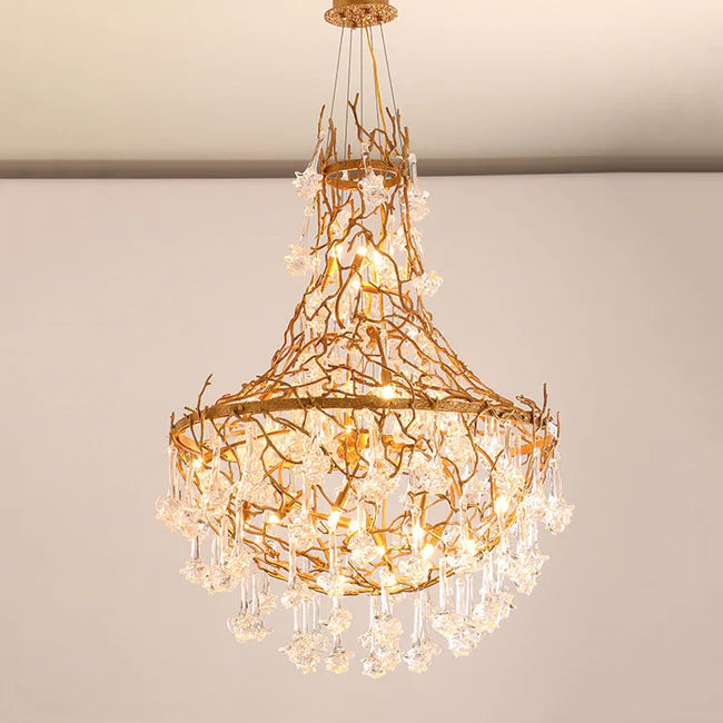 Modern Crystal Drop Brass Branch Chandelier