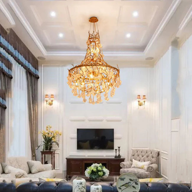 Modern Crystal Drop Brass Branch Chandelier