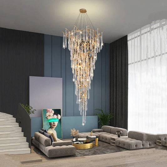 Modern Crystal Droplet Branch Staircase Chandelier