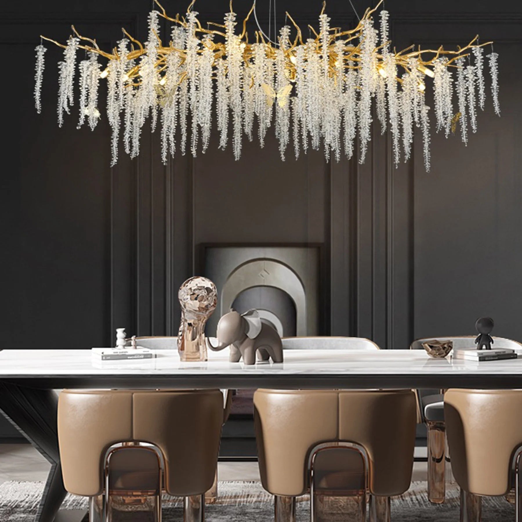 Modern Gold Coin Crystal Linear Branch Chandelier Over Dining Table