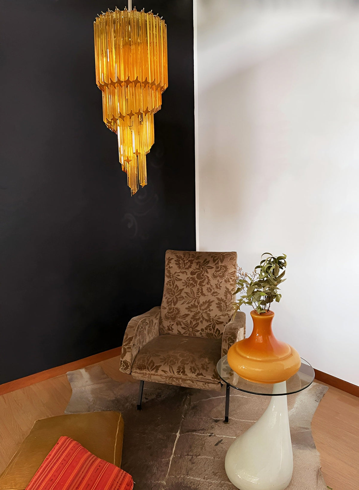 Chandelier  Spiral Prism Glass Hand-Cut Faceted Prisms Nickel Frame Pink Amber