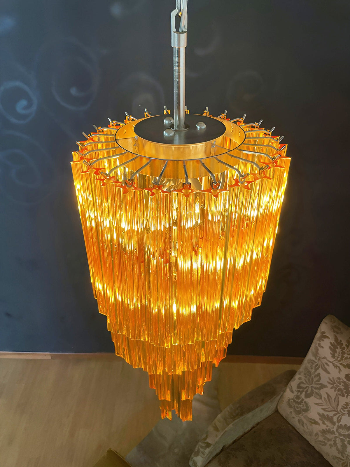 Chandelier  Spiral Prism Glass Hand-Cut Faceted Prisms Nickel Frame Pink Amber