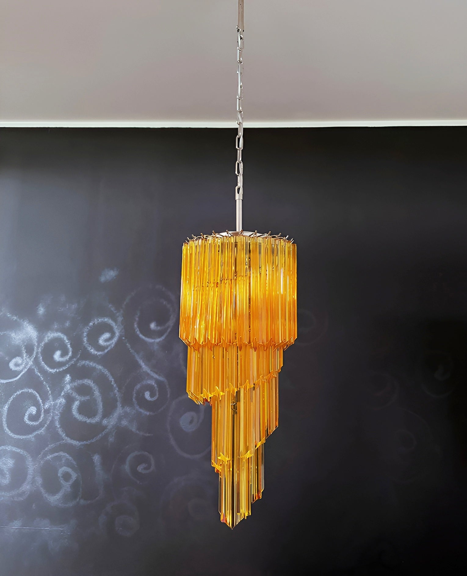 Chandelier  Spiral Prism Glass Hand-Cut Faceted Prisms Nickel Frame Pink Amber