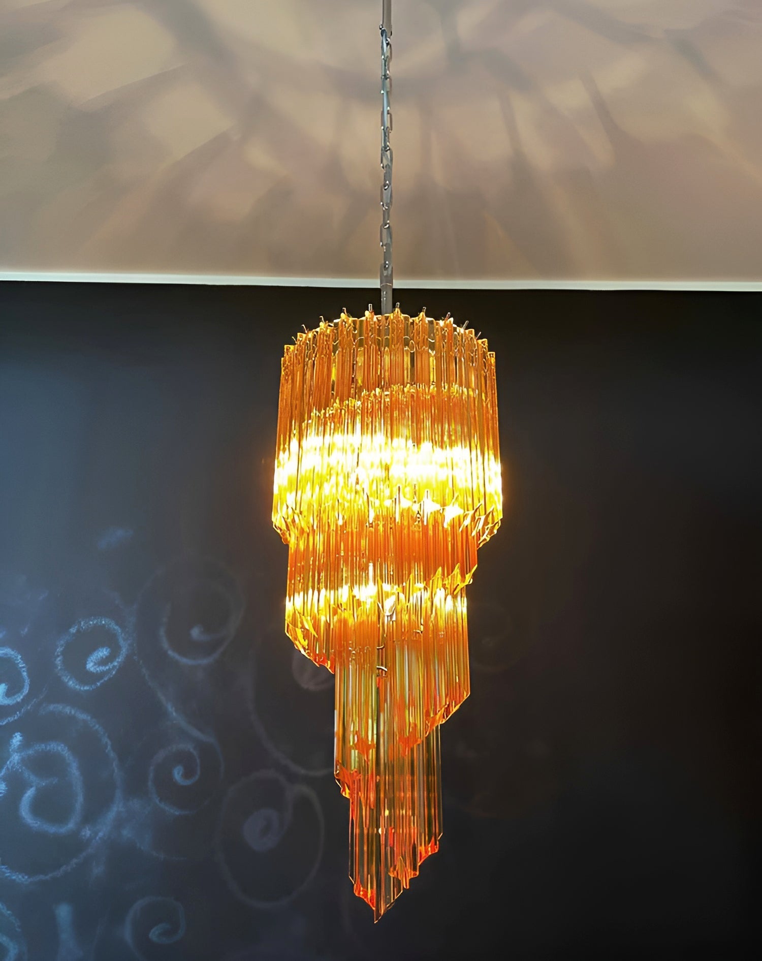 Chandelier  Spiral Prism Glass Hand-Cut Faceted Prisms Nickel Frame Pink Amber