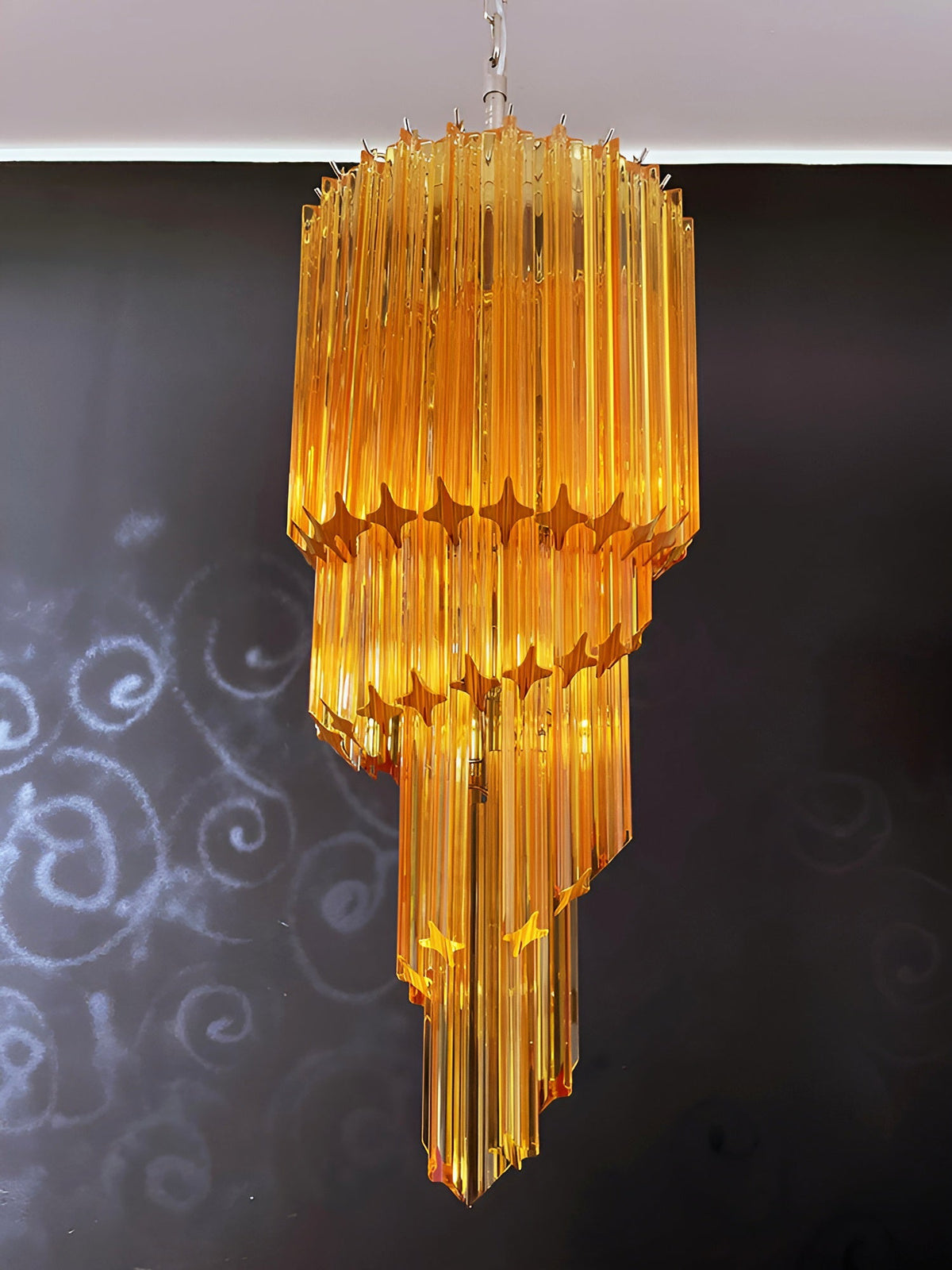 Chandelier  Spiral Prism Glass Hand-Cut Faceted Prisms Nickel Frame Pink Amber
