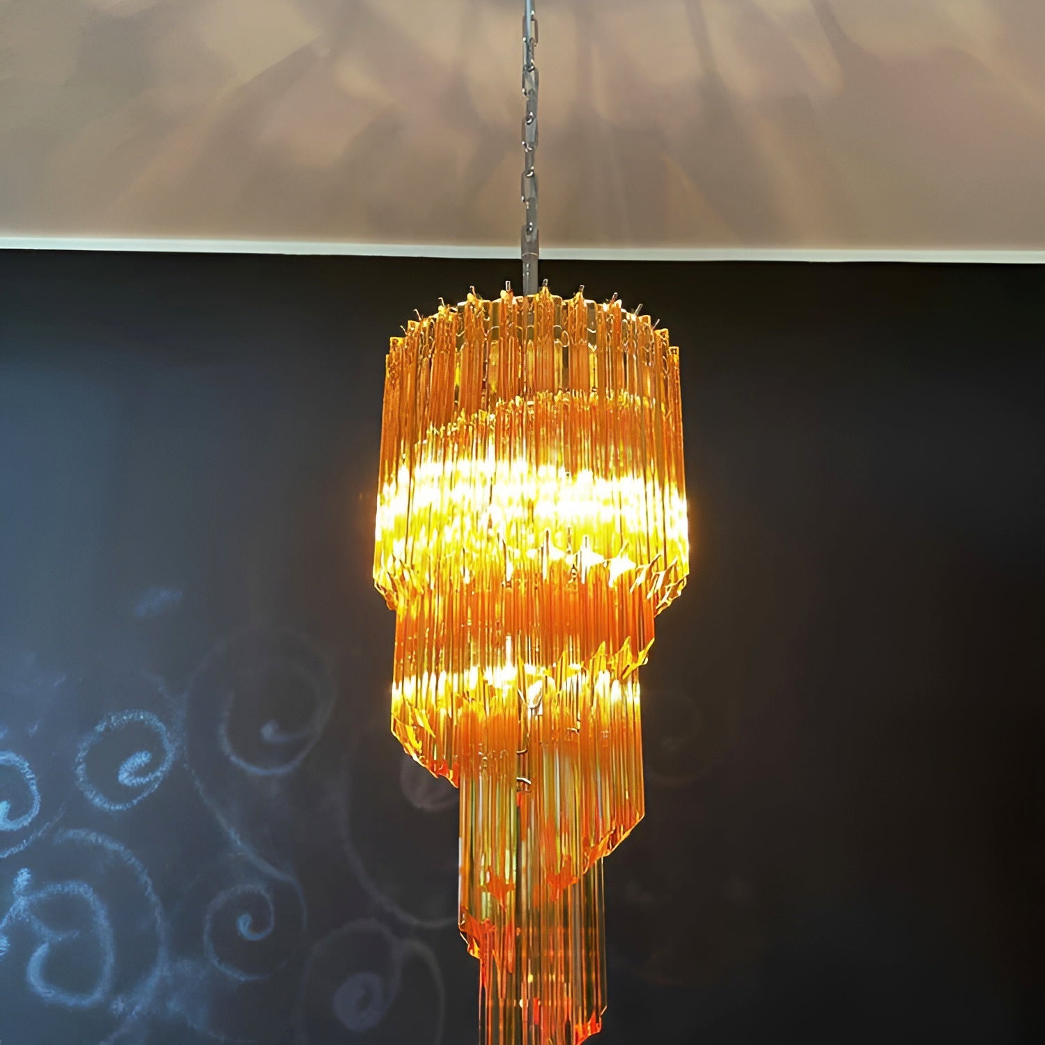 Chandelier  Spiral Prism Glass Hand-Cut Faceted Prisms Nickel Frame Pink Amber