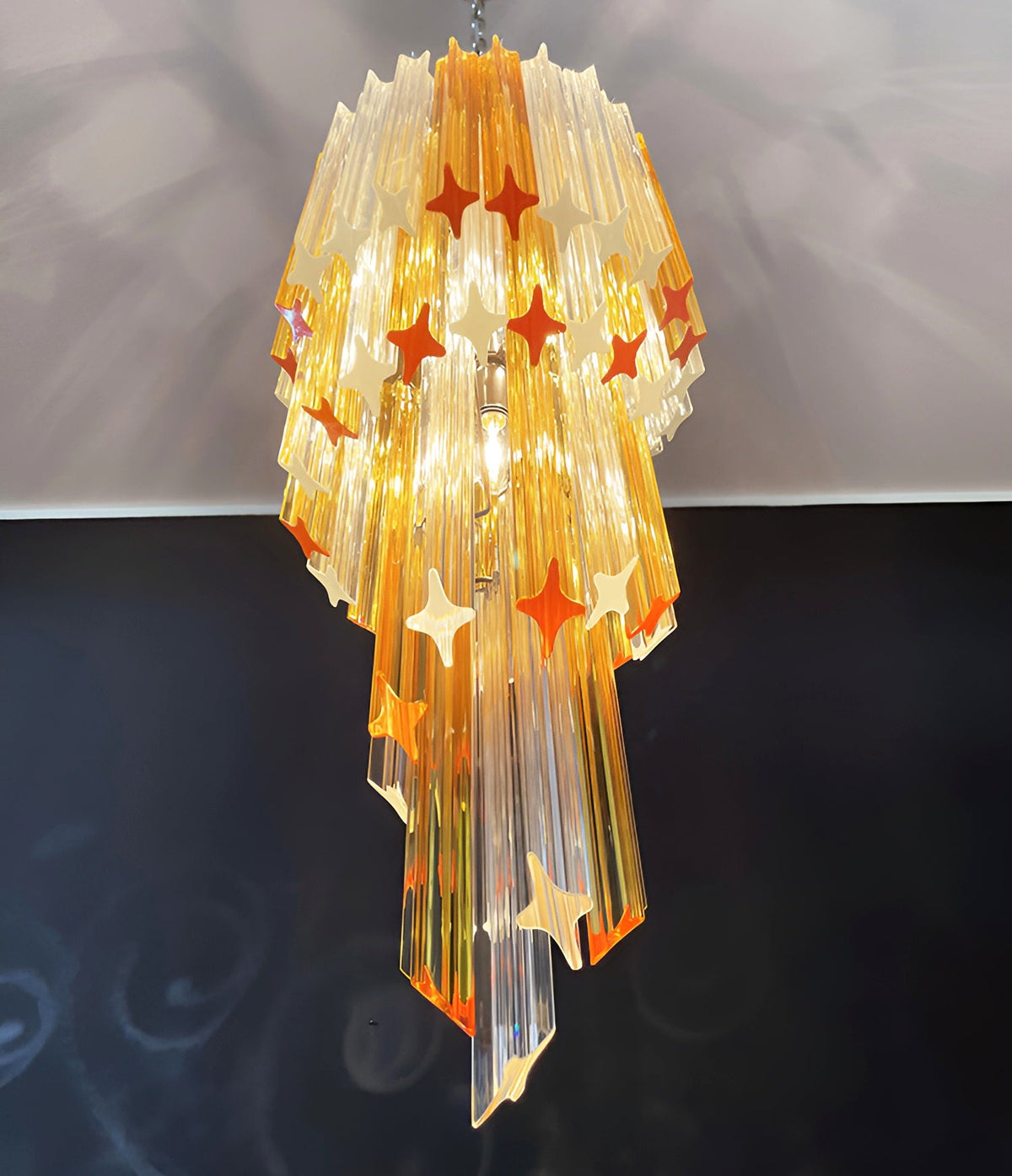 Chandelier  Spiral Prism Glass Hand-Cut Faceted Prisms Nickel Frame Pink Amber