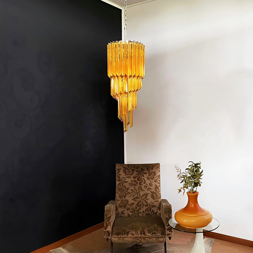 Chandelier  Spiral Prism Glass Hand-Cut Faceted Prisms Nickel Frame Pink Amber