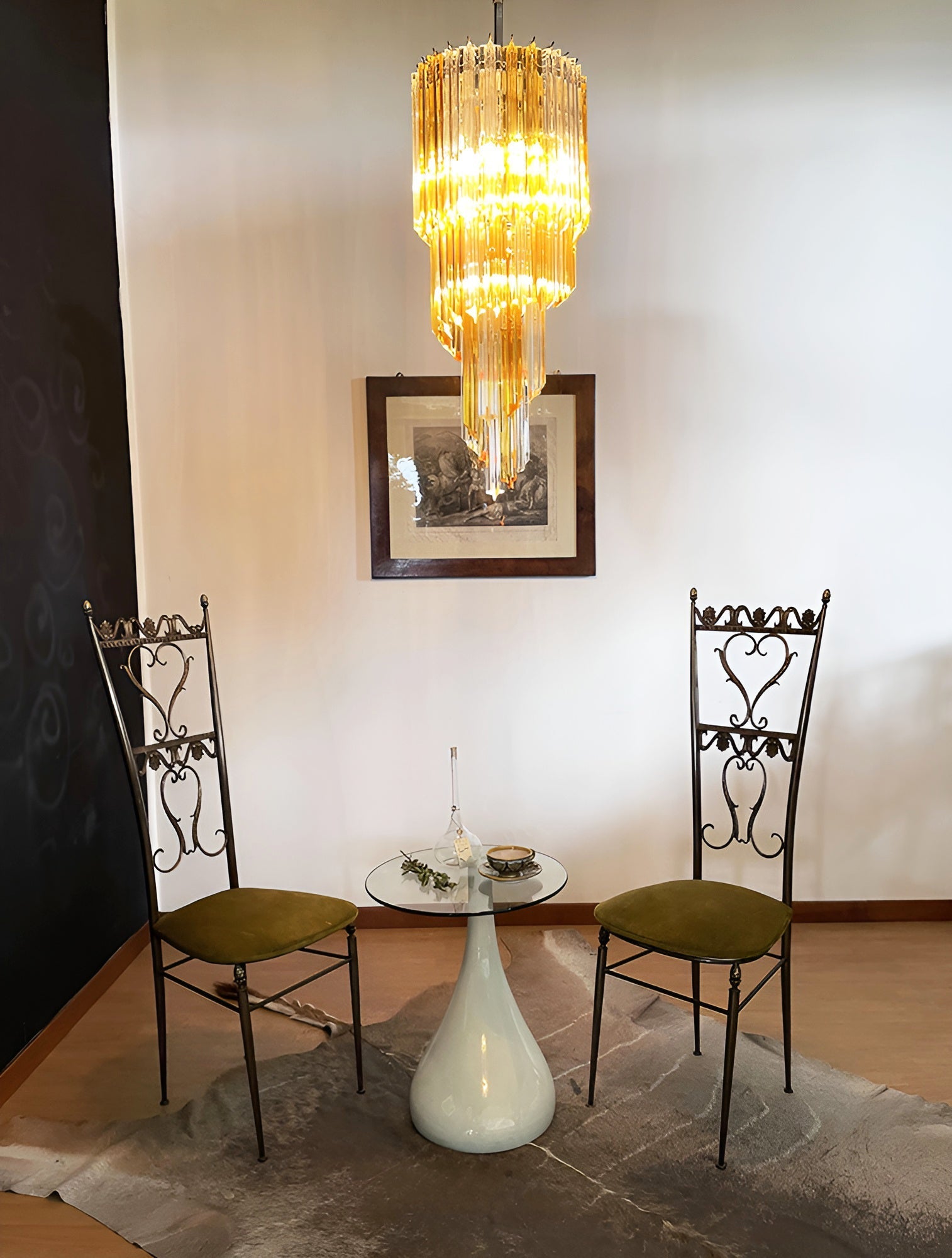 Chandelier  Spiral Prism Glass Hand-Cut Faceted Prisms Nickel Frame Pink Amber